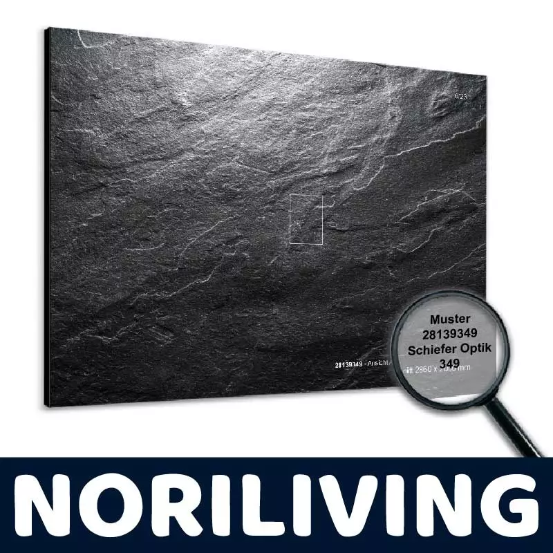 Wandverkleidung mit Schieferoptik, Muster 28139349, abgebildet in Nahaufnahme mit Vergrößerungsglas und Logo von NORILIVING