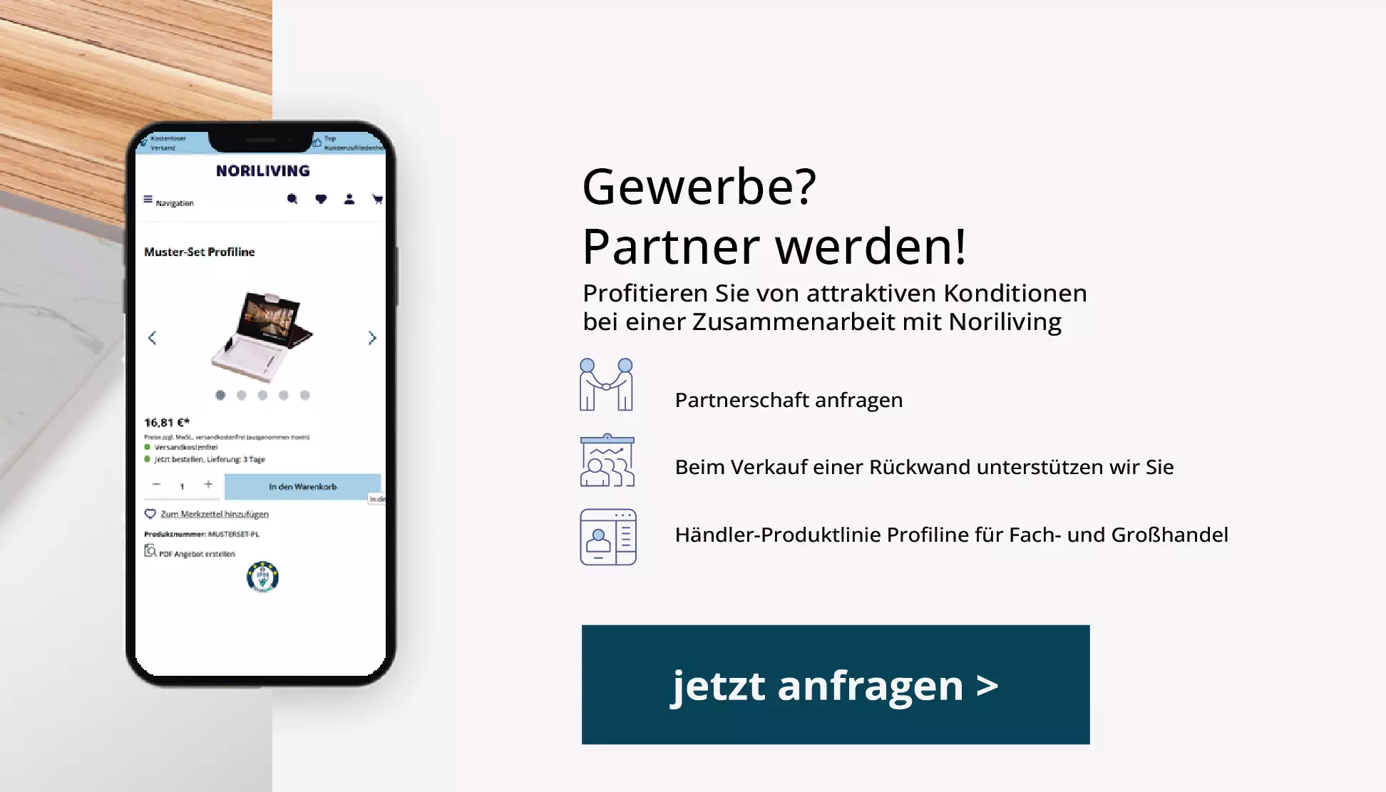 Smartphone zeigt Noriliving-Angebot, Text wirbt für Partnerschaftsanfragen und Vorteile für Gewerbekunden