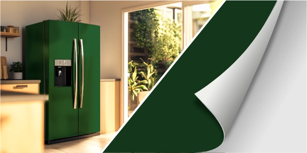 Moderner grüner Kühlschrank mit Doppeltür und Spender, umgeben von warmer Kücheneinrichtung und viel Tageslicht