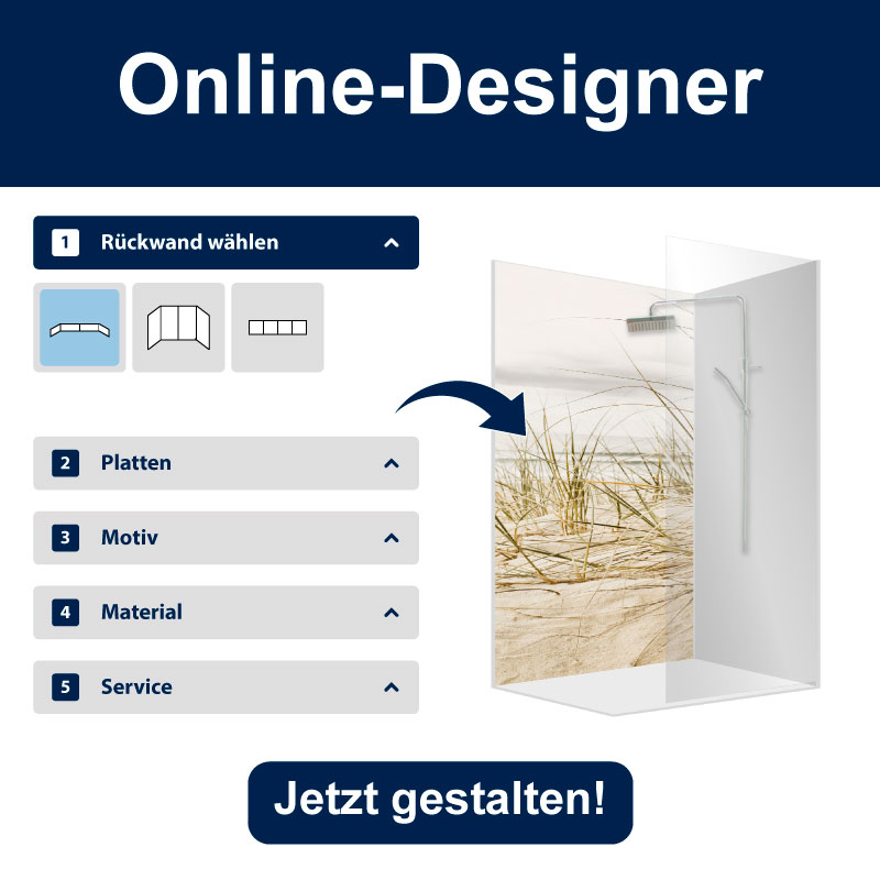 Duschrückwand online gestalten – Vorschau des Design-Tools.