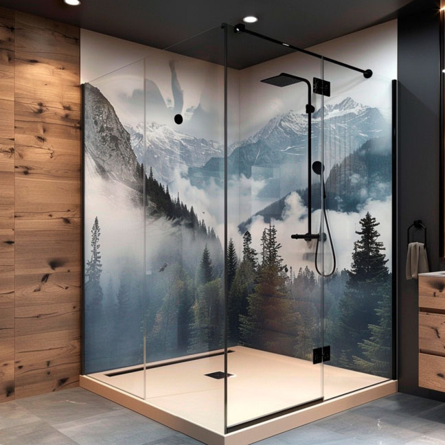 Moderne Duschkabine mit Bergpanorama-Design Elegante Duschkabine mit Glaswänden und atemberaubendem Bergpanorama-Motiv im Badezimmer