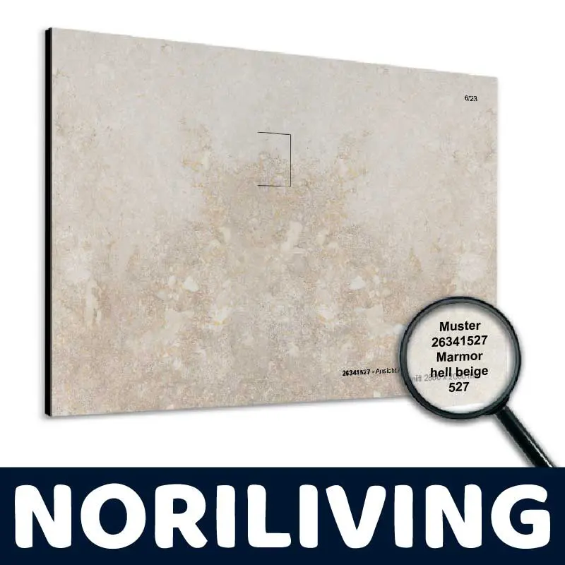 Musterplatte 26341527 aus Marmor in hellbeige mit Lupe, Noriliving-Logo