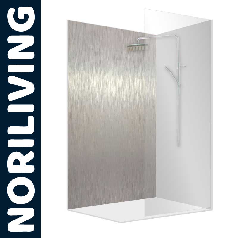 Transparente Duschglaswand von NORILIVING mit stilvoller metallischer Rückwand und integriertem Duschkopf