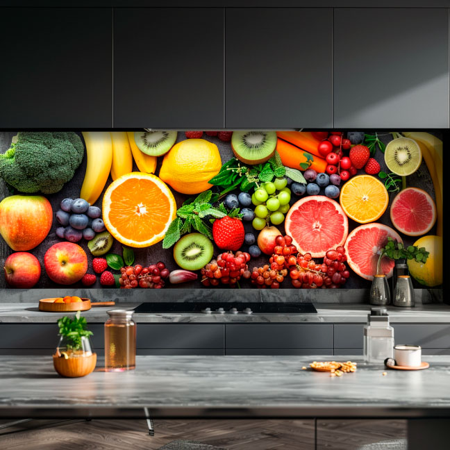 Moderne Küche mit farbenfroher Obst- und Gemüserückwand Küchenarbeitsplatte mit bunter Obst- und Gemüserückwand, darunter Orangen, Zitronen, Trauben, Brokkoli und mehr.