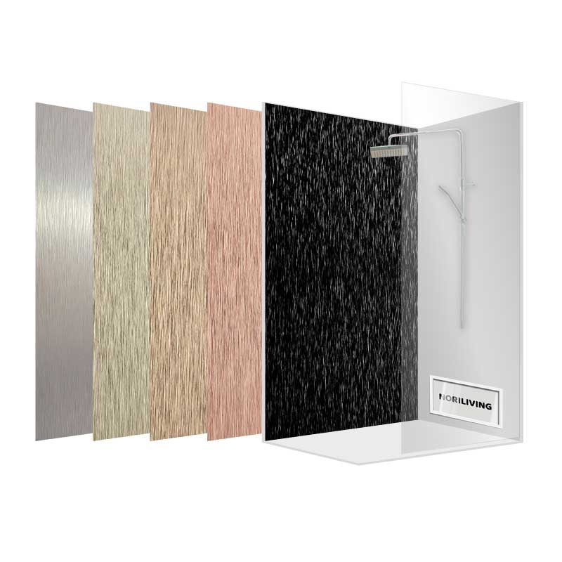 Verschiedene Duschwand-Designs und Texturen Bild zeigt fünf verschiedene Duschwand-Designs in unterschiedlichen Texturen und Farben, platziert nebeneinander.