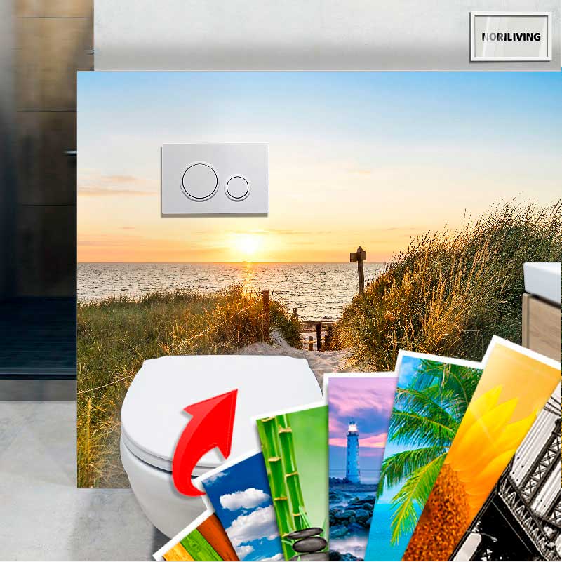 Toilettenraum mit individuellem Wanddesign und Naturmotiven Badezimmer mit WC, dekorativer Wandgestaltung mit Sonnenuntergangsmotiv und austauschbaren Designs