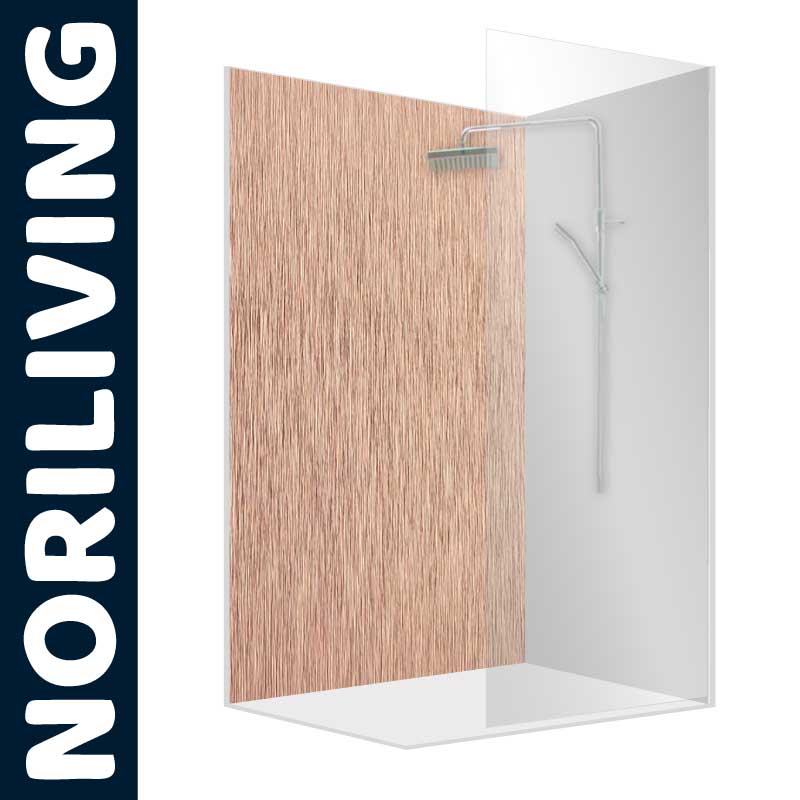Duschwand von NORILIVING in Holzoptik mit moderner Brausegarnitur