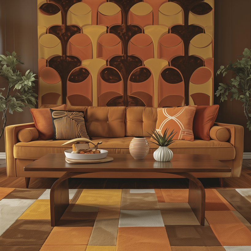 Orangefarbene Retro-Wohnzimmer-Einrichtung mit Sofa und Dekoration Ein stilvoll eingerichtetes Wohnzimmer im Retro-Design mit einem orangefarbenen Sofa, dekorativen Kissen, einem Holztisch und einem geometrischen Teppich, umgeben von grünen Pflanzen.