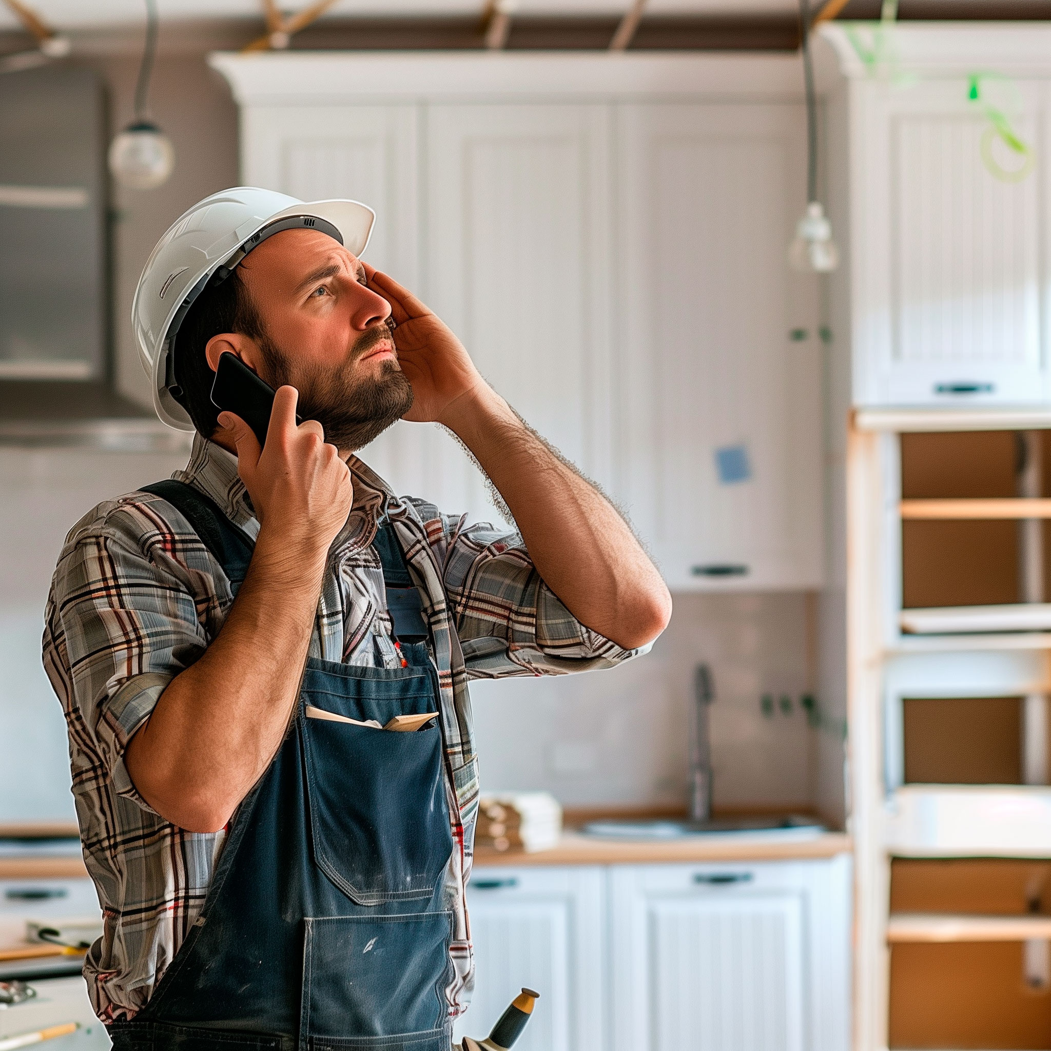 Bauarbeiter mit Helm telefoniert in einer Baustellenküche. Ein Bauarbeiter in kariertem Hemd und Latzhose telefoniert in einer im Bau befindlichen Küche mit Schutzhelm.
