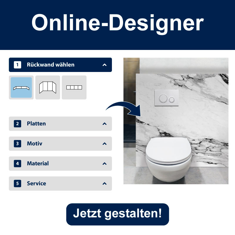 Toilettenrückwand online gestalten – Vorschau des Design-Tools.