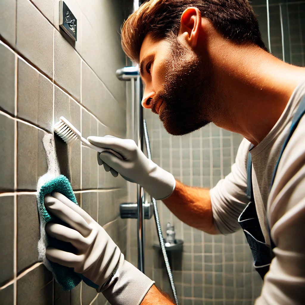 Mann reinigt Badezimmerfliesen mit Bürste und Schwamm Mann mit Handschuhen reinigt Fliesenkacheln im Badezimmer mit einer Bürste und einem Schwamm
