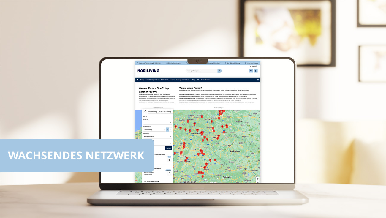Laptop zeigt eine Karte von Partnerstandorten von Noriliving Laptop mit geöffneter Noriliving-Website und Netzwerk von Partnerstandorten auf einer Karte