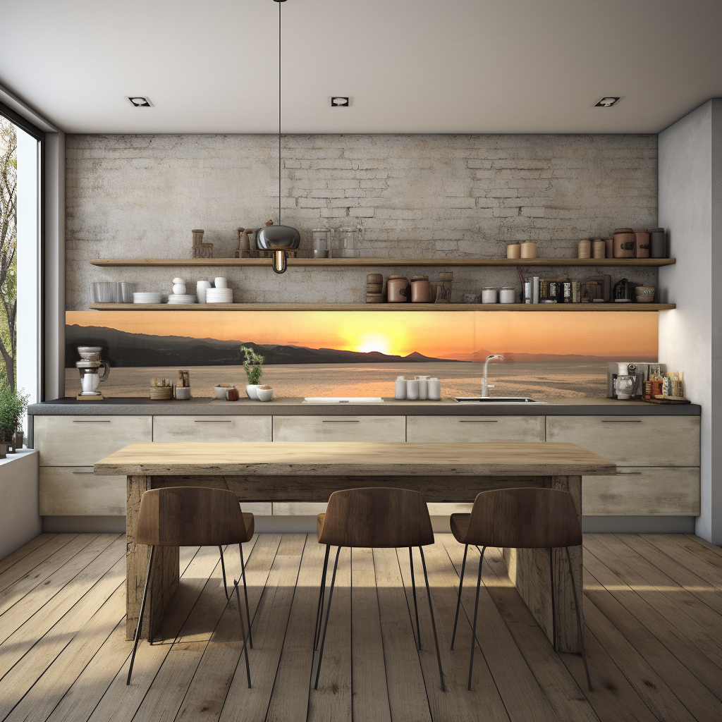 Moderne Küche mit rustikalem Holztisch und Sonnenuntergangs-Hintergrund Eine stilvolle Küche mit modernem Design, rustikalem Holztisch und einem beeindruckenden Sonnenuntergangsbild als Rückwand, umgeben von minimalistischen Regalen und Geräten.