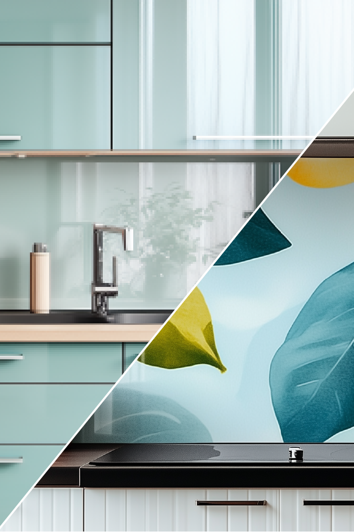 Küche mit blauen Klebefolien, dekoriert mit Pflanzenmotiven, und einer modernen Armatur