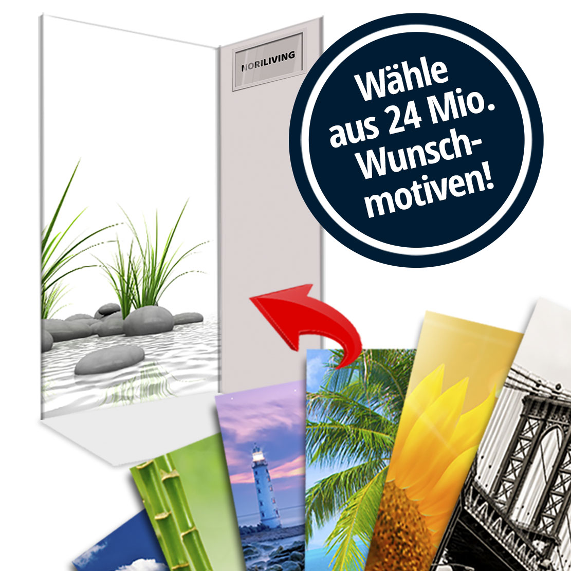 Personalisierte Raumteiler mit über 24 Millionen Motiven zur Auswahl Bild eines Raumteilers mit der Aufschrift 'Wähle aus 24 Mio. Wunschmotiven!' und Motivbeispielen wie Bambus und Leuchtturm.